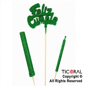 ADORNO DE TORTA SET FELIZ CUMPLE CON BENGALA Y VELA 9 CM GIBRE VERDE x 1